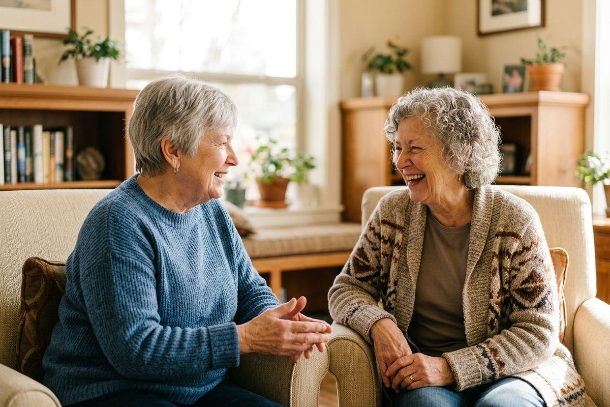 Two seniors sit on armchairs in a living room, laughing and talking together.