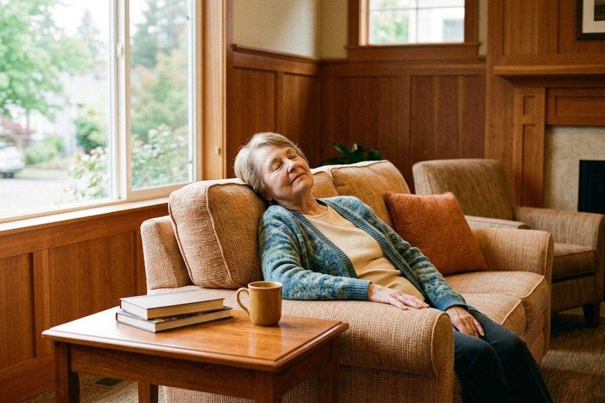 A senior rests with eyes closed on a couch, beside a side table with books and a mug in a wood-paneled room.