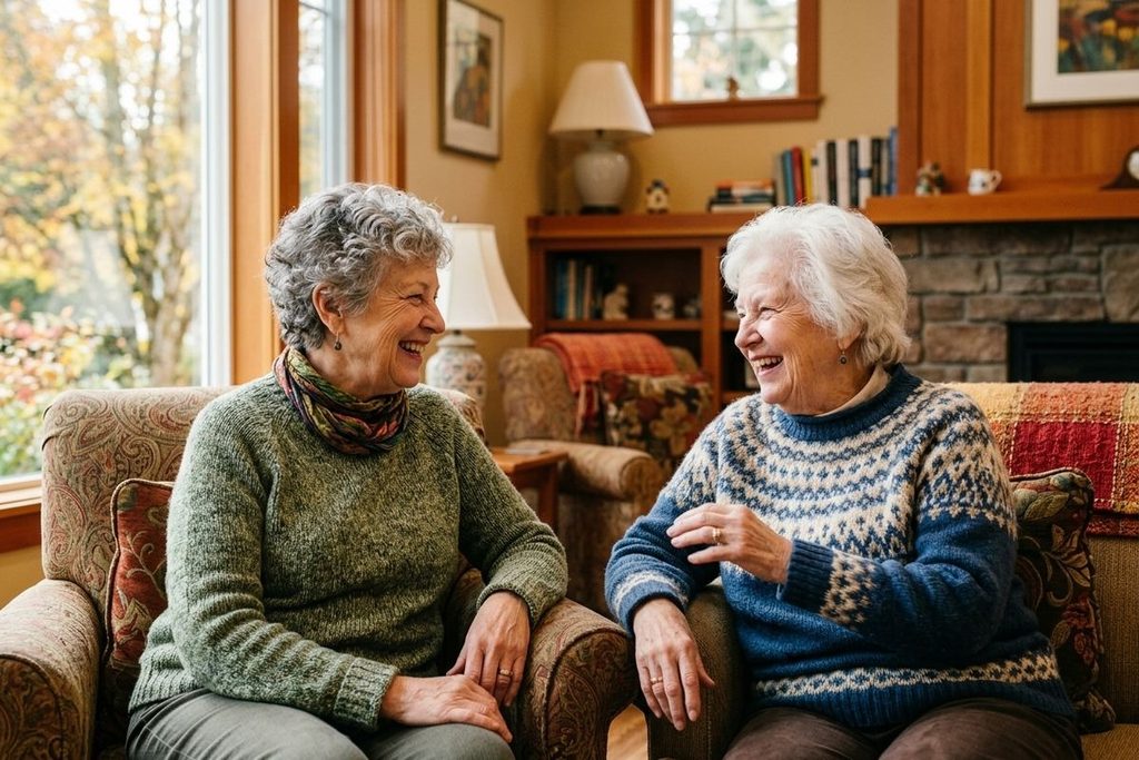 Two seniors sit in armchairs, laughing together in a cozy living room with a fireplace and bookshelves.
