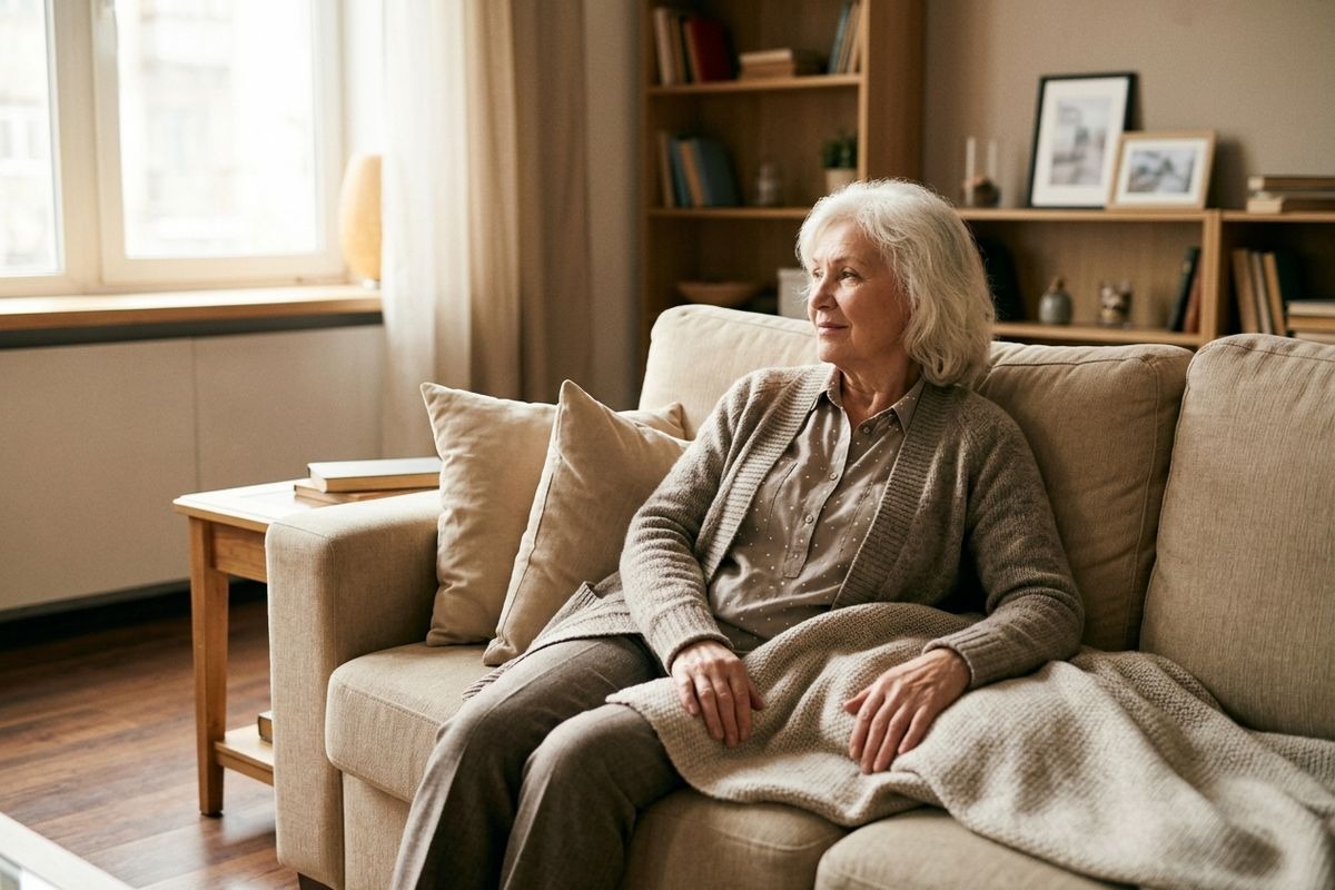 Two seniors sit in armchairs, laughing together in a cozy living room with a fireplace and bookshelves.