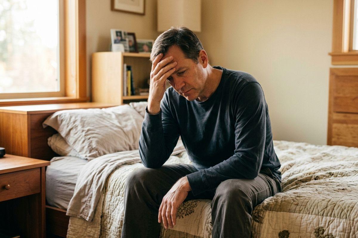A senior sits on the edge of a bed with head in hand, looking distressed, in a sunlit bedroom.