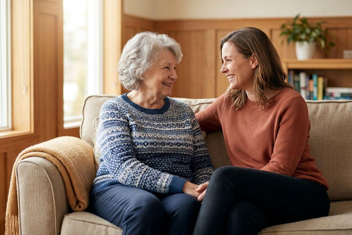 A senior and a younger woman sit on a sofa, holding hands and smiling at each other.